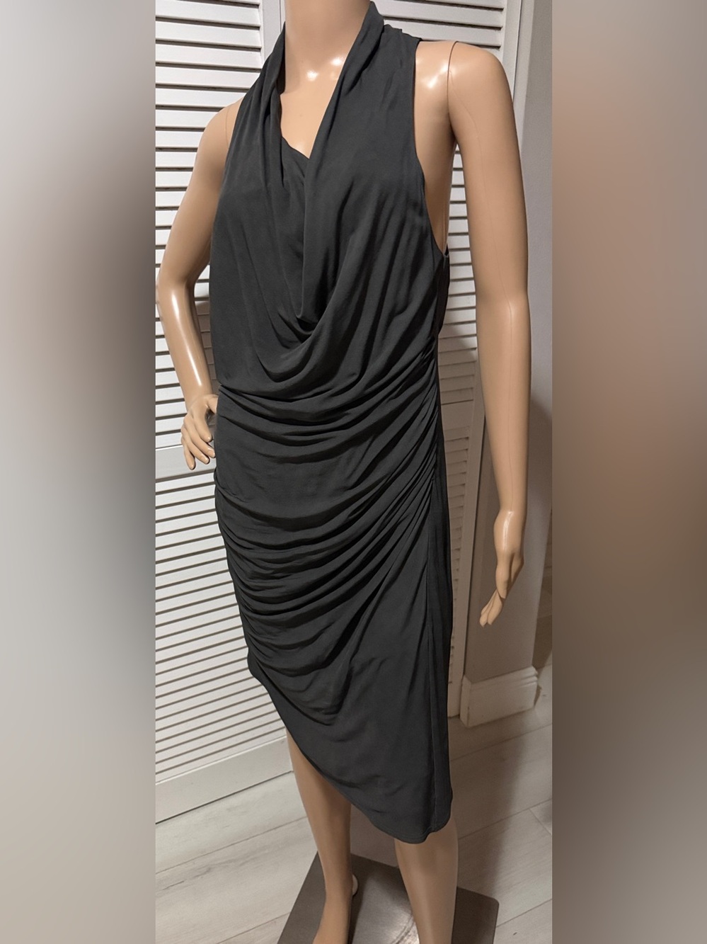 Helmut Lang Charcoal Draped Asymmetric Midi Dress Size M
